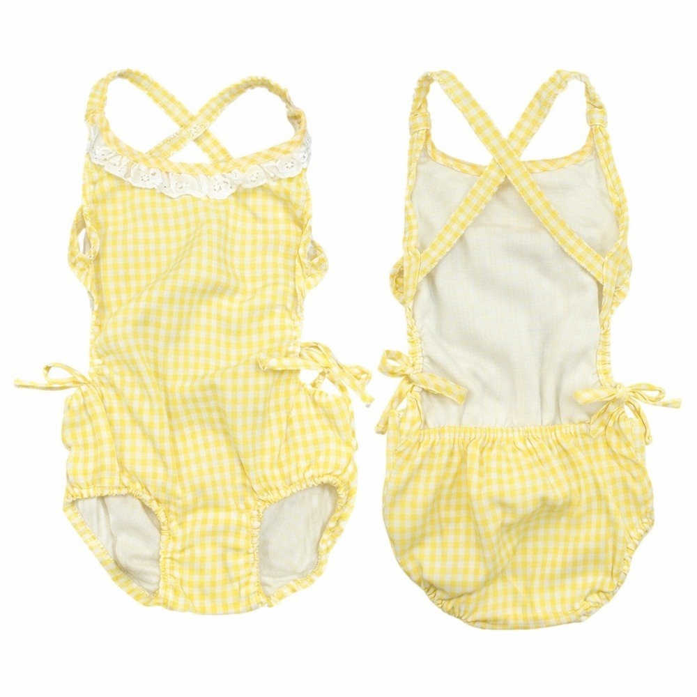 Vintage Baby Girl Gingham Swimsuit 6M Yellow White Criss Cross Back 1970s